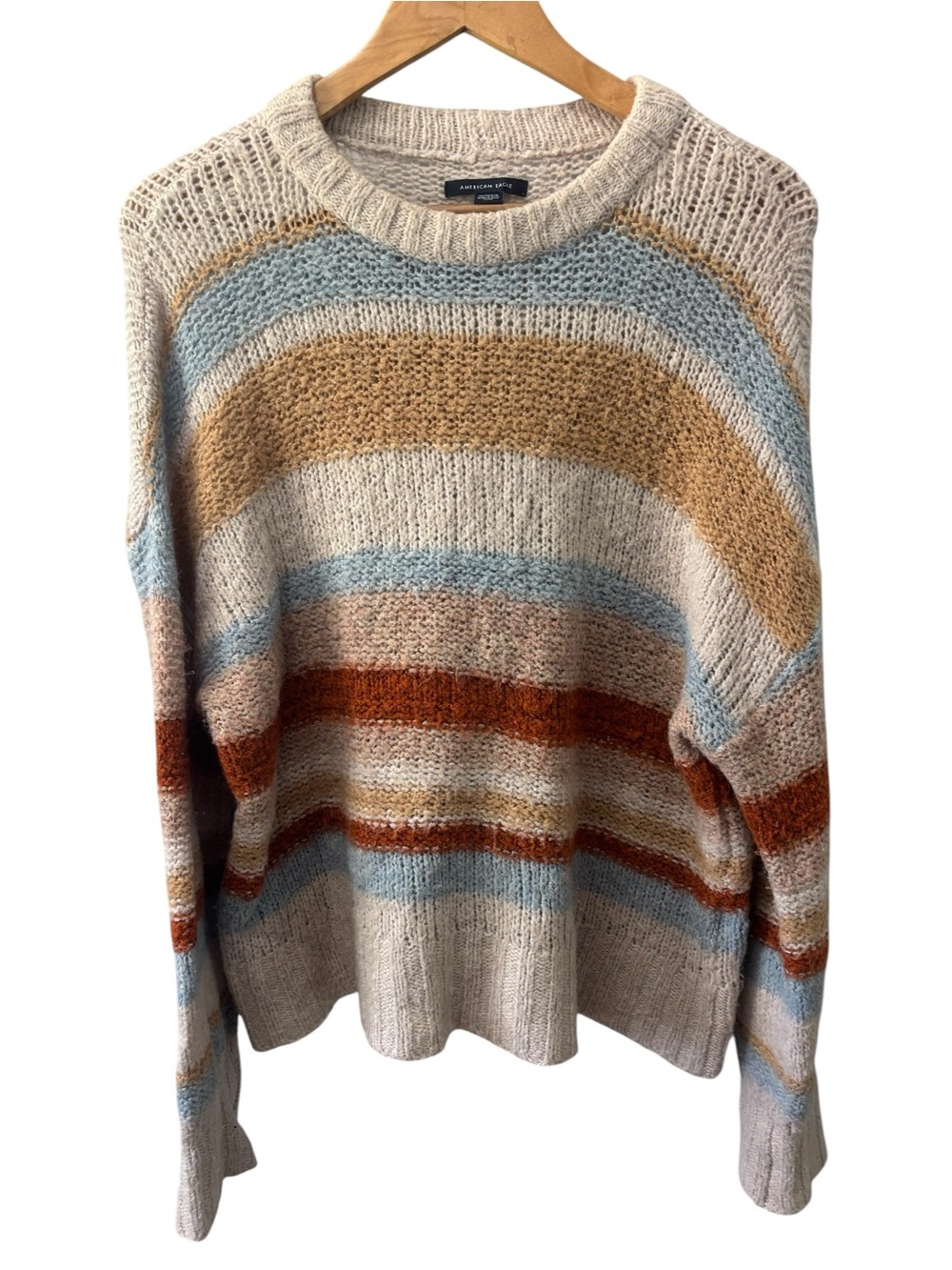 American Eagle Sweater Womens Size XL Cream Stripe Crewneck Sweater